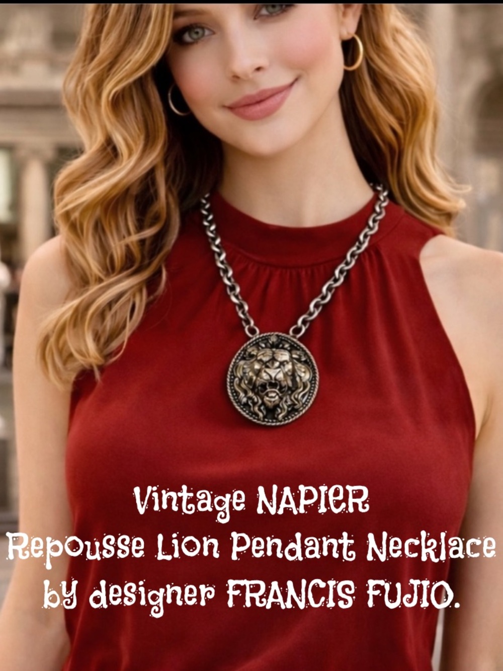 Vintage Repousse Lion Pendant Necklace